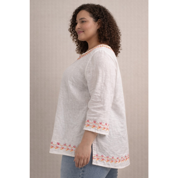 Carole Little 1X White Linen Embroidered Tunic Top Boho Side Slits - Picture 3 of 12